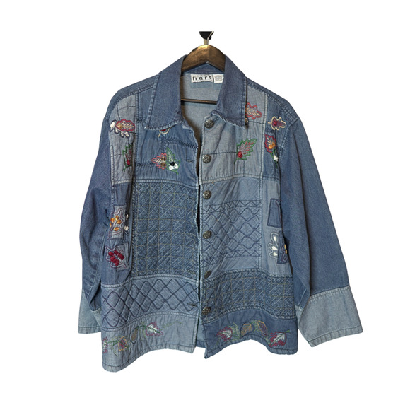 Keren Hart Denim Embroidered Quilted Floral Button Jacket XXL Cottagcore Indie - Picture 1 of 16